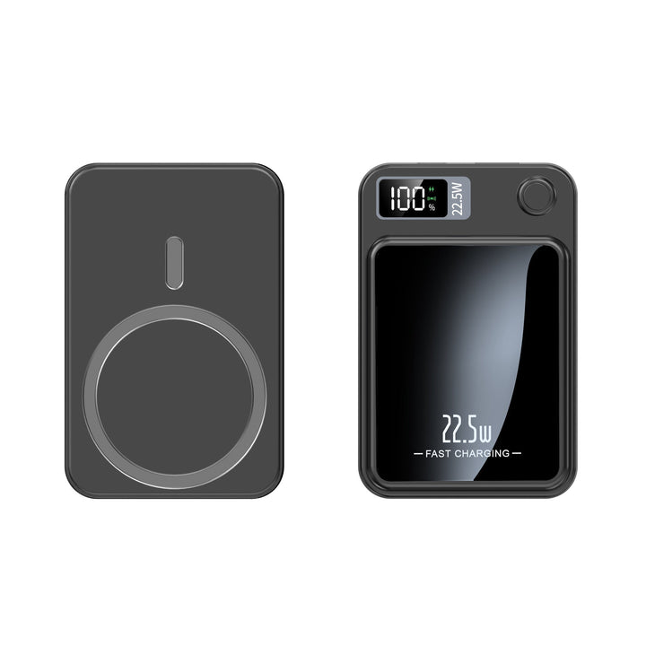 Black power bank shown front and back with the round magnetic ring and display.