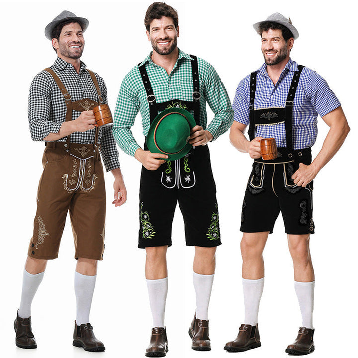 Men's Bavarian costume set shown on three models with brown, black and green-embroidered lederhosen and checked shirts.