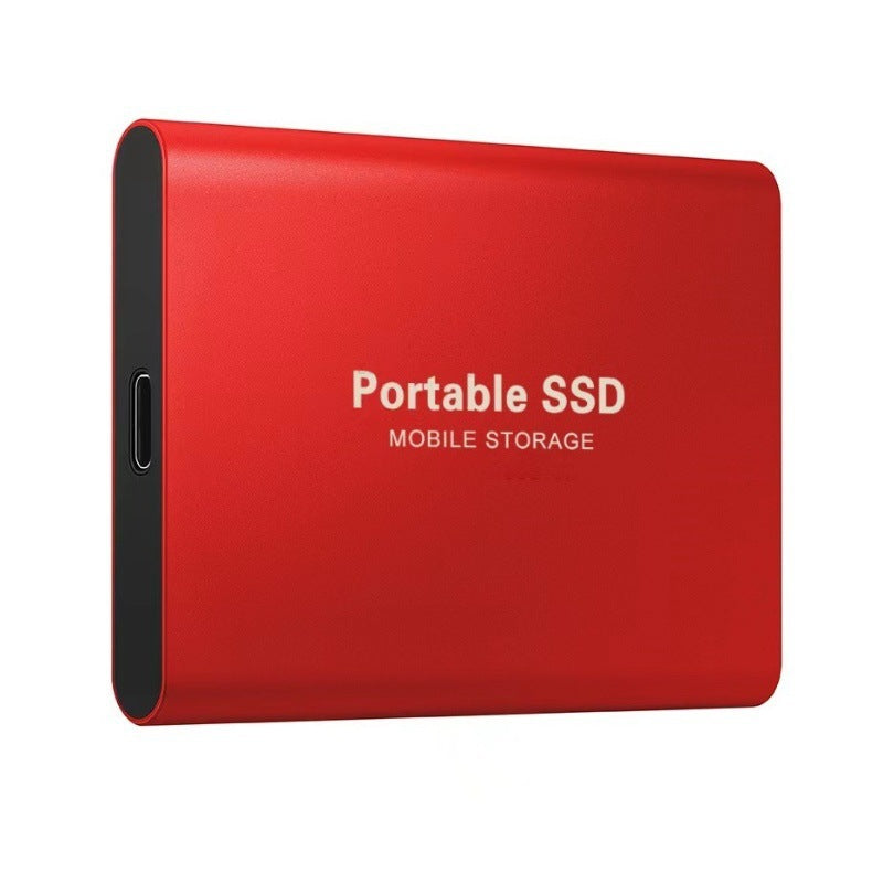 Red portable SSD with a matte metal finish and USB-C port on its short edge.