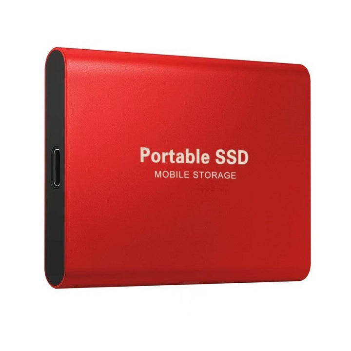 Red portable SSD with a matte metal finish and USB-C port on its short edge.