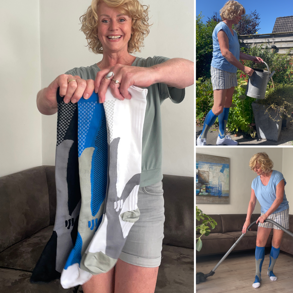Collage of a smiling woman holding up three compression socks, then wearing the blue pair while watering plants and vacuuming. 2