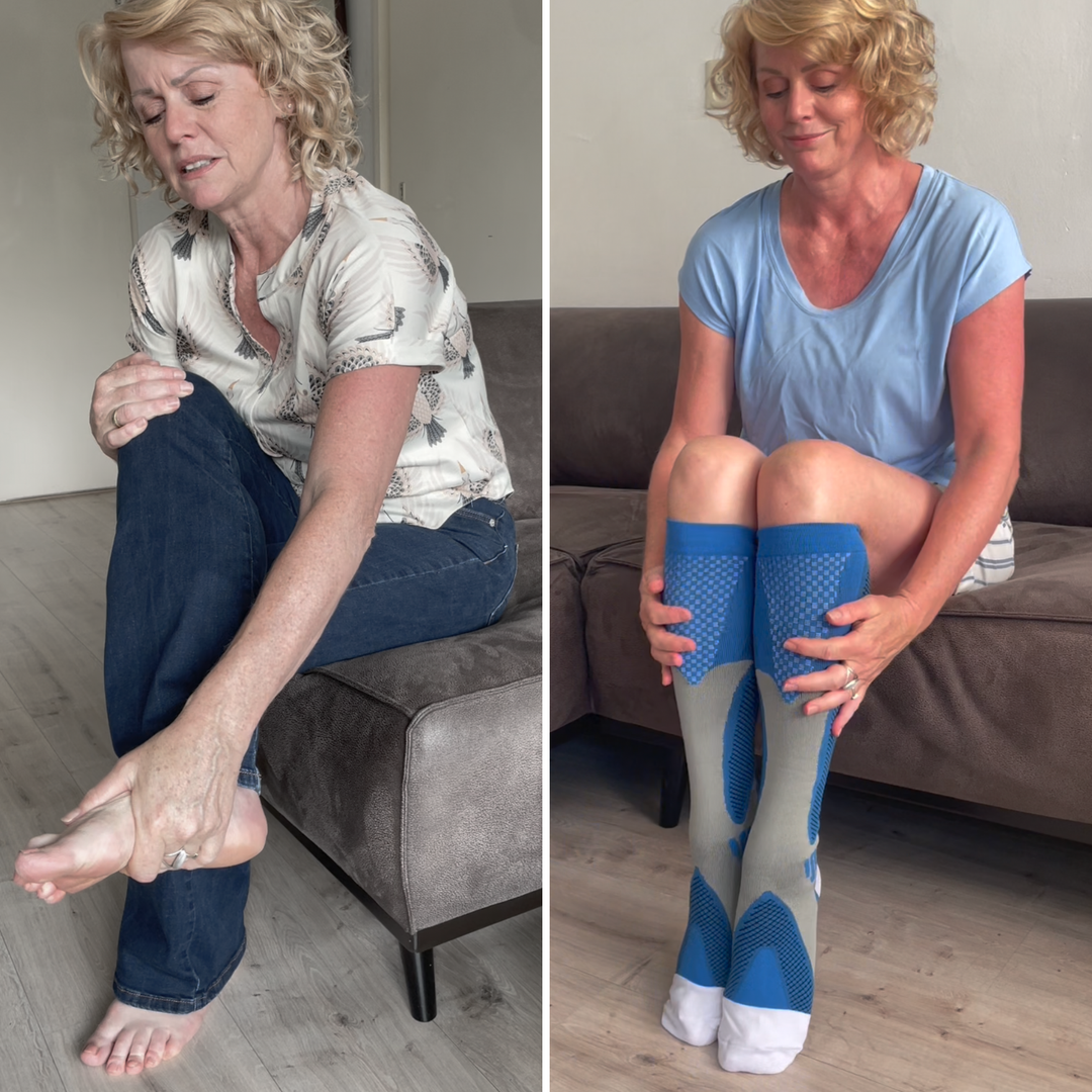 Side-by-side of a woman rubbing her bare sore foot, and the same woman sitting with blue compression socks on, hands on her calves. 3