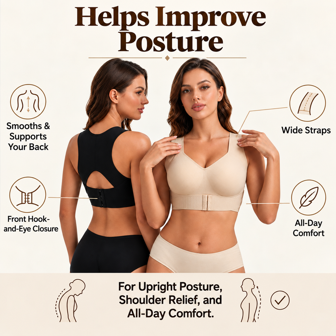 Two models side by side, one in a black bra seen from behind with a cutout back, one in beige from the front. 1