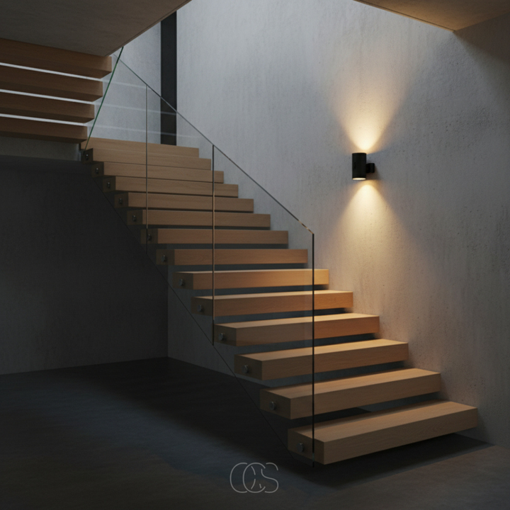 Black plug-in night light on a concrete wall beside a floating wooden staircase with a glass railing.