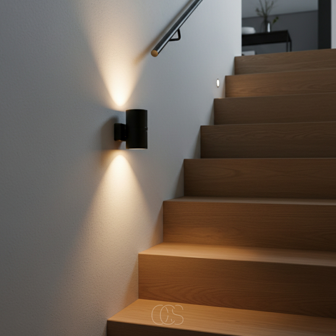 Night light detail on a stairwell wall next to a handrail, casting warm light up and down above wooden steps.