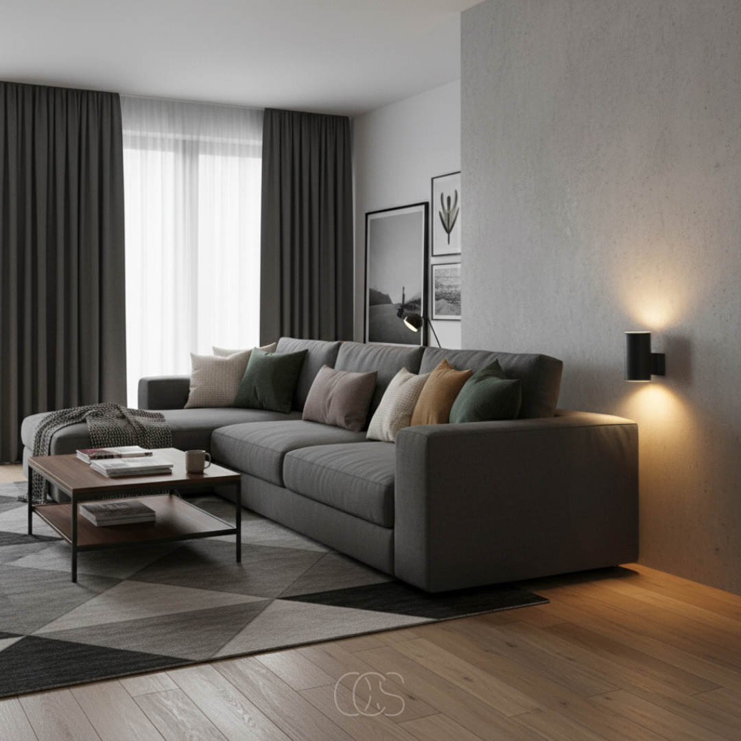 Night light on a concrete wall beside a gray sectional sofa in a living room, giving off warm ambient light.