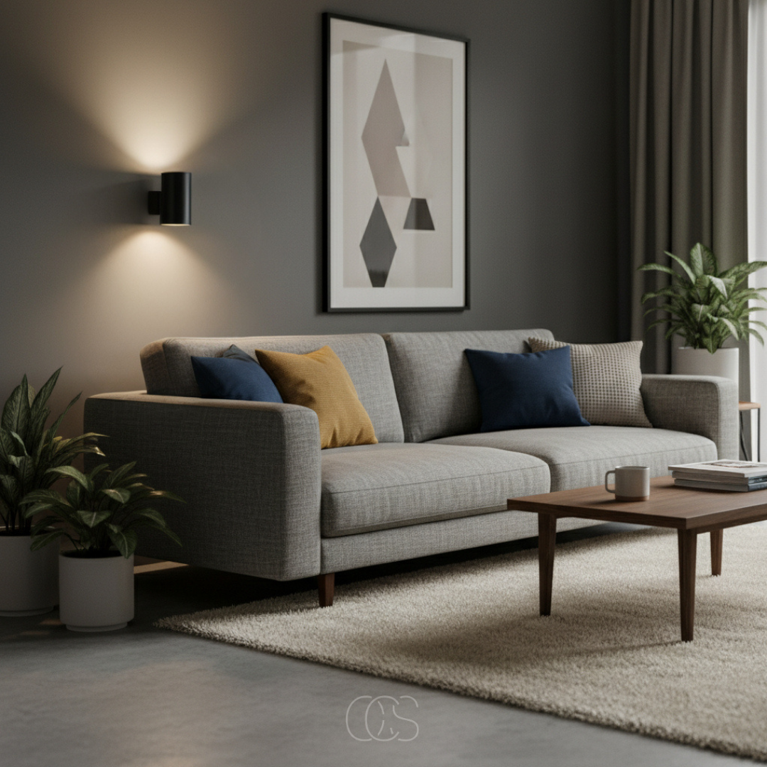 Black wall night light above a gray sofa with colorful cushions in a living room, casting a soft glow.
