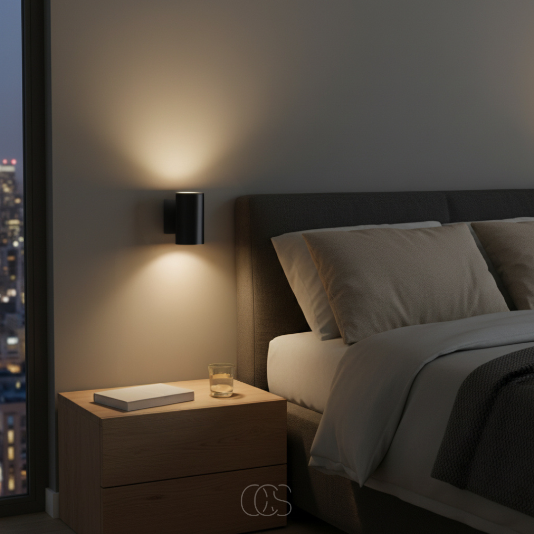 Night light on a bedroom wall above a wooden nightstand with a book and glass, beside a bed with city view.