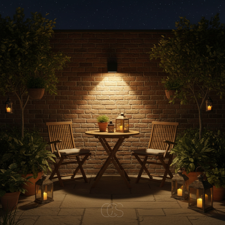Black solar wall light detail above a patio table, chairs and lanterns on a brick wall.