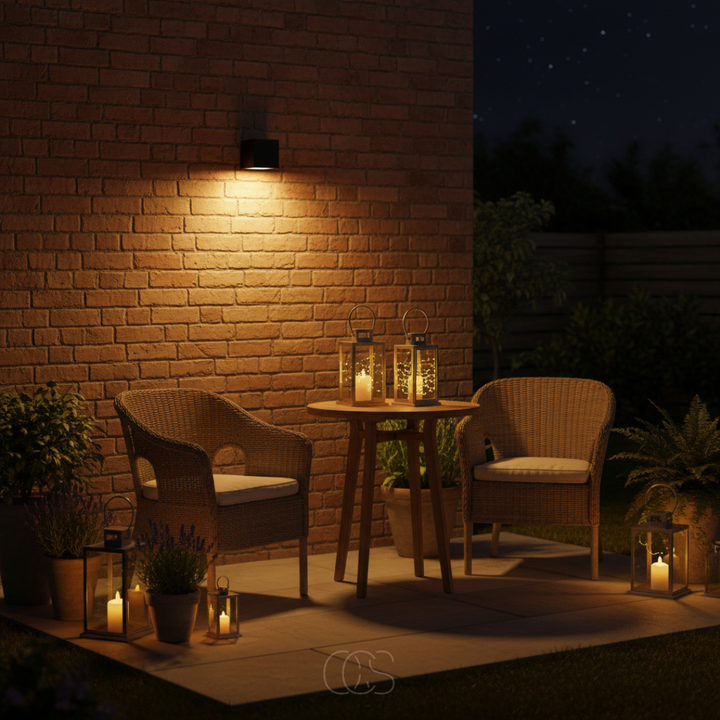 Black solar wall light another view on an outdoor brick wall with warm light above wicker chairs and a table.