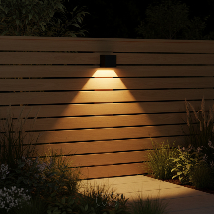 Black cube solar wall light mounted on a wooden slat fence, casting warm downward light over garden plants.