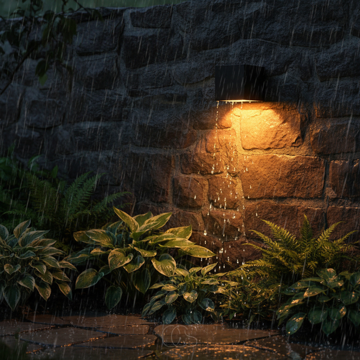 Black solar wall light on a dark stone wall in heavy rain, glowing above ferns and hostas.