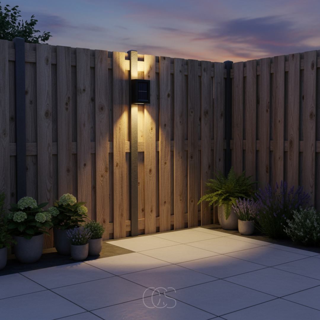 Solar wall light mounted on a wooden fence post, lighting the planks above and below beside potted hydrangeas and lavender at dusk. 3