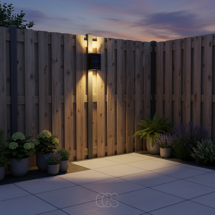 Solar wall light mounted on a wooden fence post, lighting the planks above and below beside potted hydrangeas and lavender at dusk. 3
