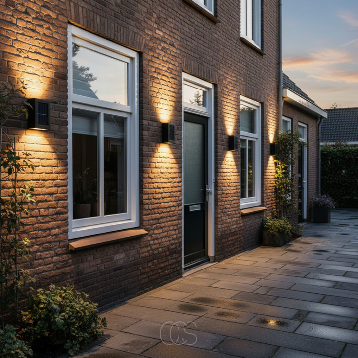 Several solar wall lights on a brick house facade, casting up-and-down light beside the windows and front door at twilight. 5