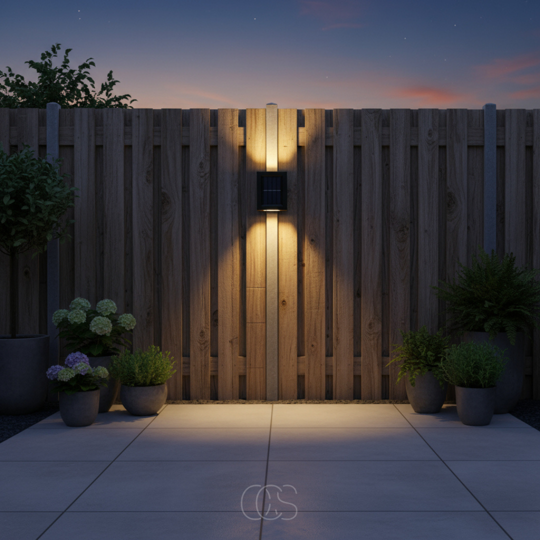 Single solar wall light centered on a wooden fence, washing the boards with warm light above a paved patio and planters. 6
