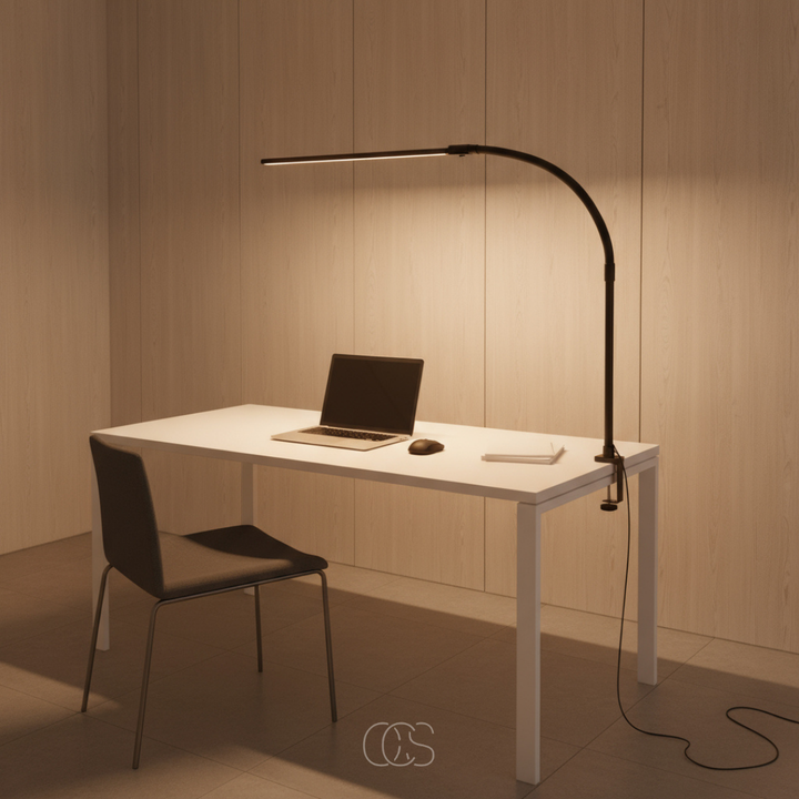 Black clamp-on desk lamp another view on a white desk in a wood-paneled room with a laptop, mouse and chair.