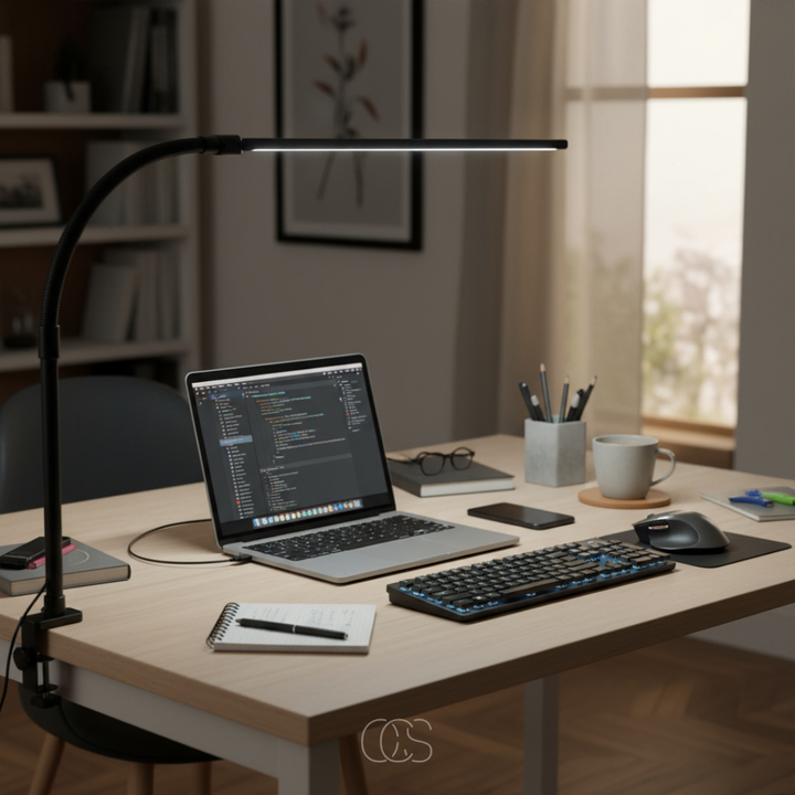 Black clamp-on desk lamp another view over a wooden desk with a laptop, keyboard, pencil cup and notebook.