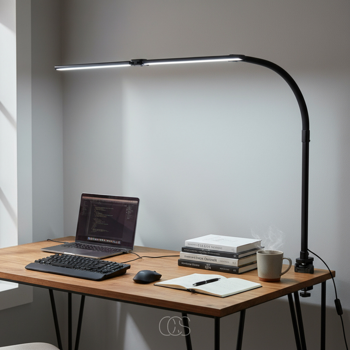 Black clamp-on desk lamp with a long curved neck and a flat light bar over a wooden desk with laptop and notebook.