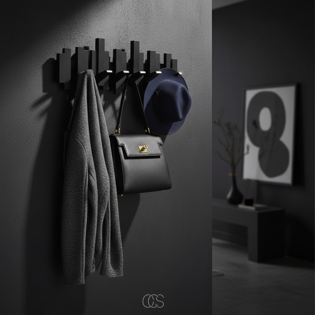 Black wooden piano wall coat rack with folding hooks, another view on a dark wall with a jacket, handbag and hat.
