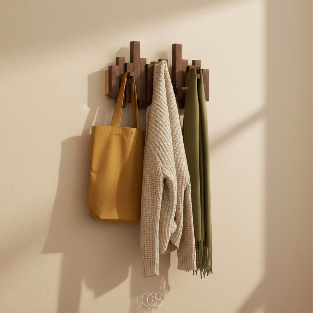 Black wooden piano wall coat rack with folding hooks, another view on a sunlit wall with a tote, sweater and scarf.