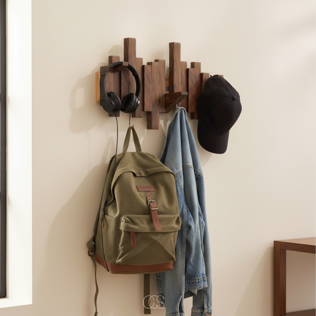 Black wooden piano wall coat rack with folding hooks, another view with headphones, backpack, jacket and cap.