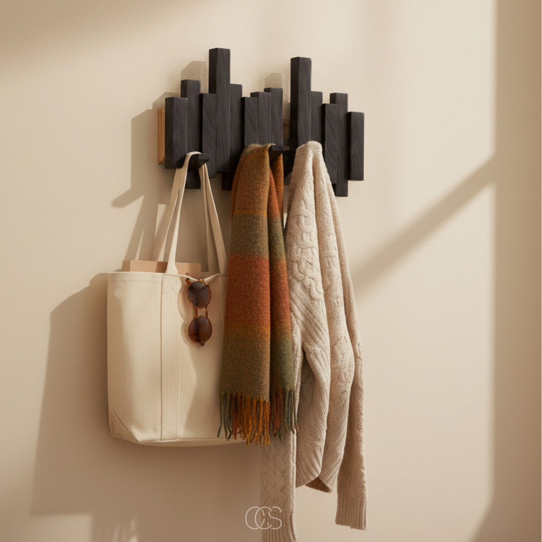 Black wooden piano wall coat rack with folding hooks on a warm beige wall, shown with a tote, scarf and cardigan.