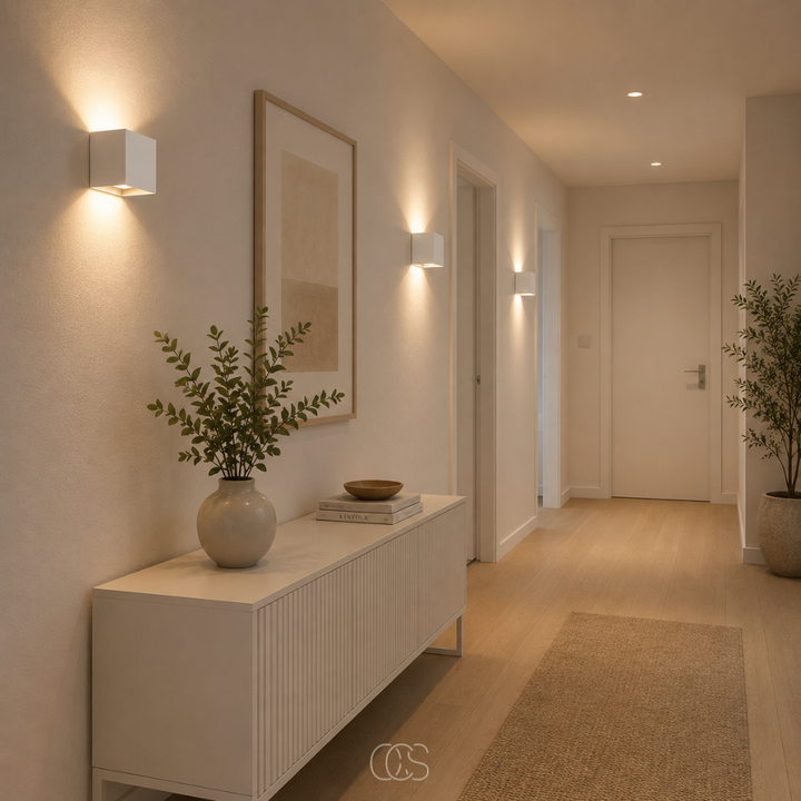 White square aluminium wall lamp, another view.