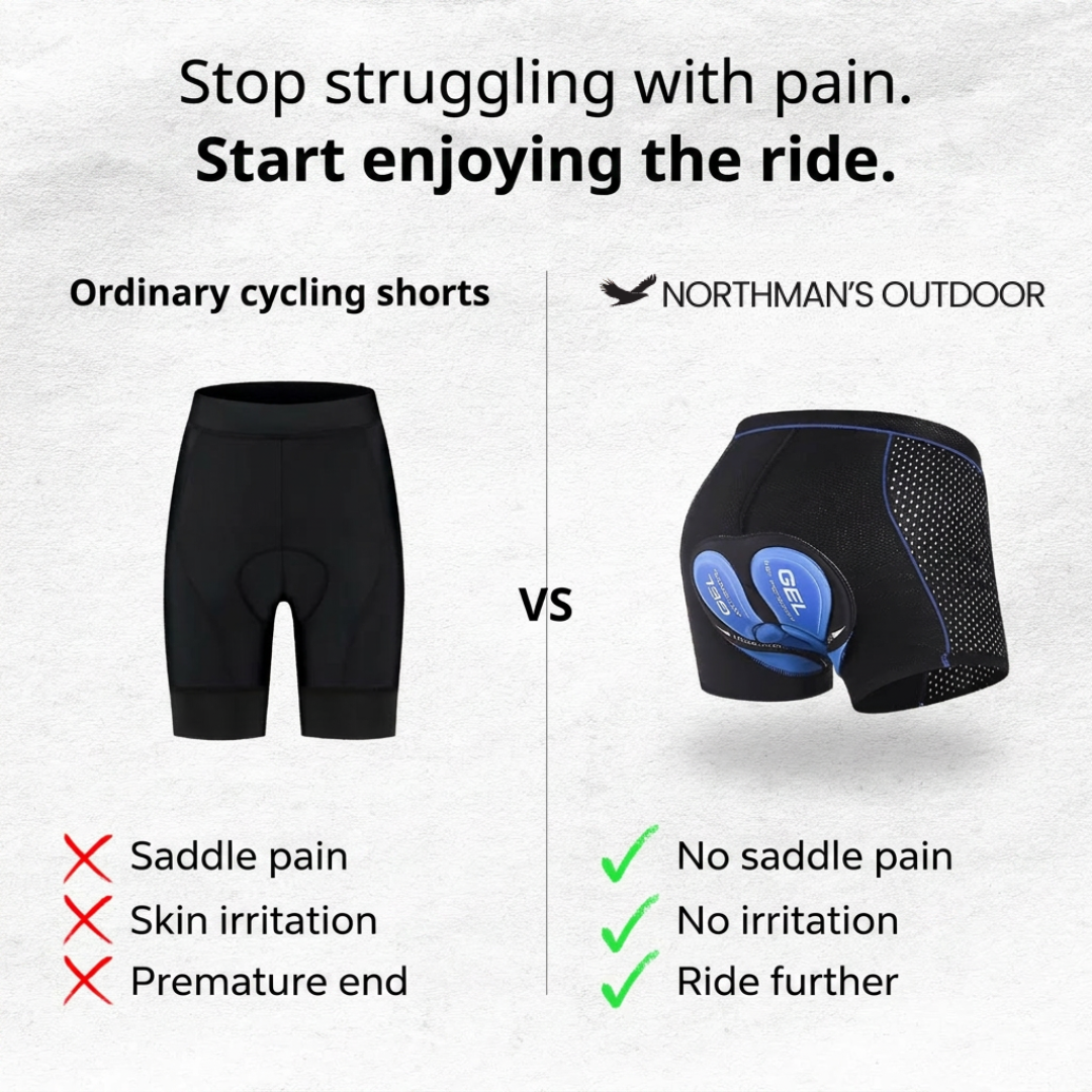 Comparison of plain black cycling shorts on the left against the gel-padded mesh shorts on the right, with pros and cons listed. 5