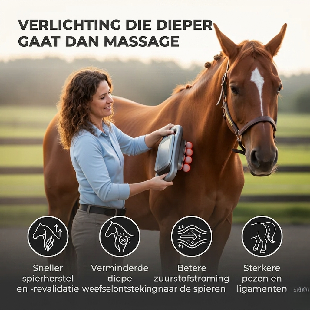 Woman uses the massager on a chestnut horse's shoulder, another view.