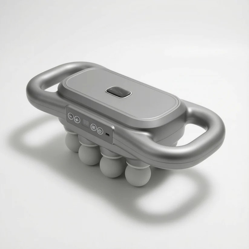 Gray handheld massager with side control buttons and two loop handles, another view.