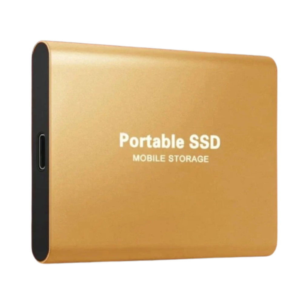 Silver slim metal portable drive detail with USB-C port.