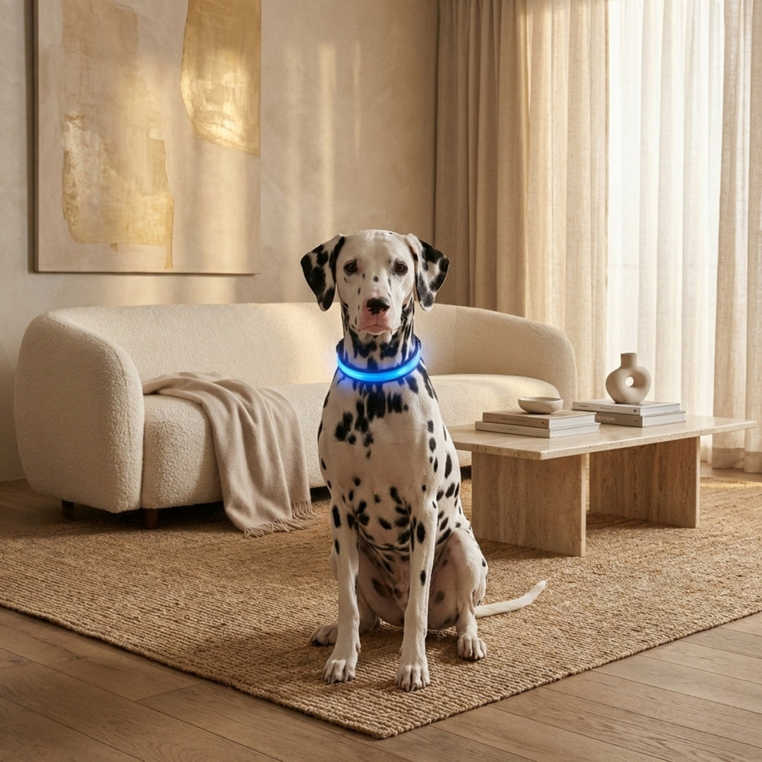 Dalmatian sitting in a cozy living room wearing a collar glowing blue around its neck 2