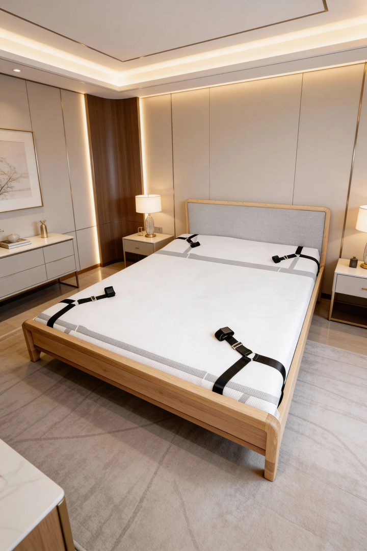 Under-Bed Restraint Set with Adjustable Cuffs detail showing four black straps and cuffs on a bed