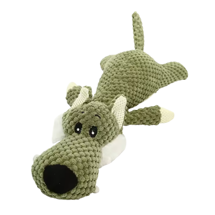 Detail of the green wolf plush dog toy with cream mesh ears and a white fluffy cheek ruff.