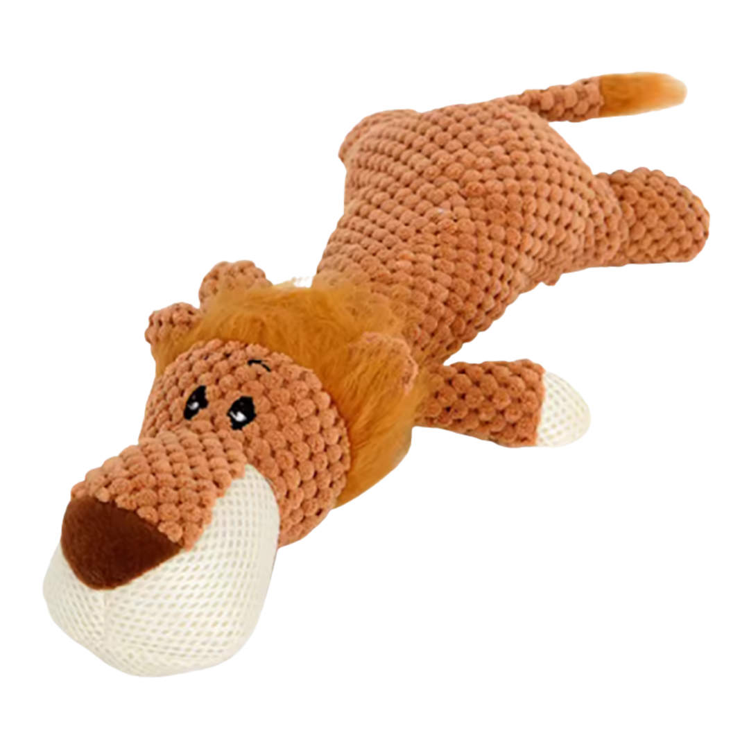 Detail of the orange lion plush dog toy with a fluffy golden mane and cream mesh muzzle.