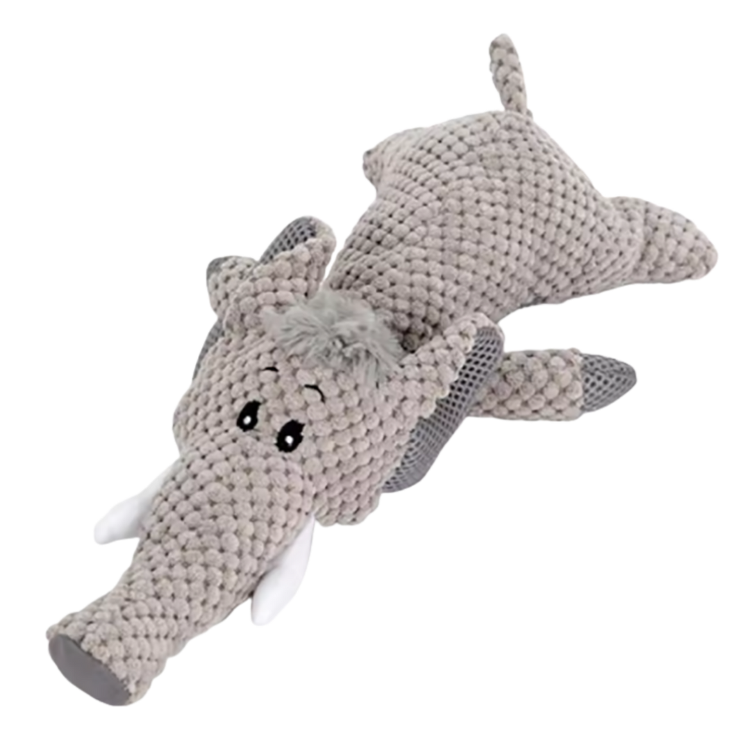 Detail of the gray elephant plush dog toy with mesh ears and white tusks.