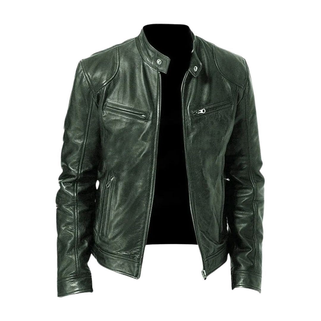 Dark green version of the stand-collar leather jacket, front view, open to show the zipper 4