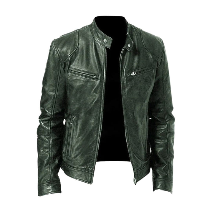 Dark green version of the stand-collar leather jacket, front view, open to show the zipper 4