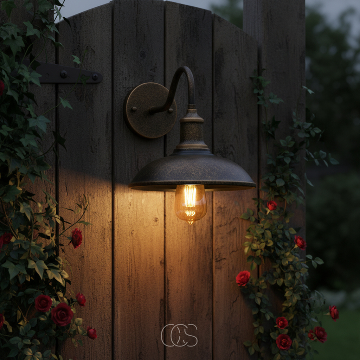 Vintage outdoor wall lamp in brown aluminium with a dome shade and filament bulb
