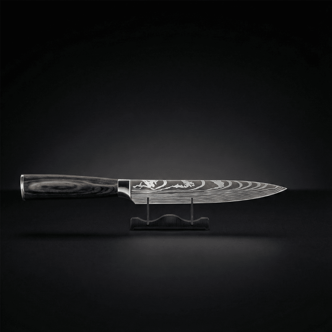 Side view of the knife lying level on a small black display stand, the rippled blade pattern and wood handle against a dark background. 2