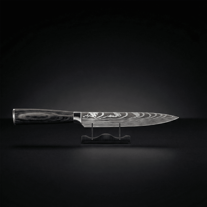 Side view of the knife lying level on a small black display stand, the rippled blade pattern and wood handle against a dark background. 2