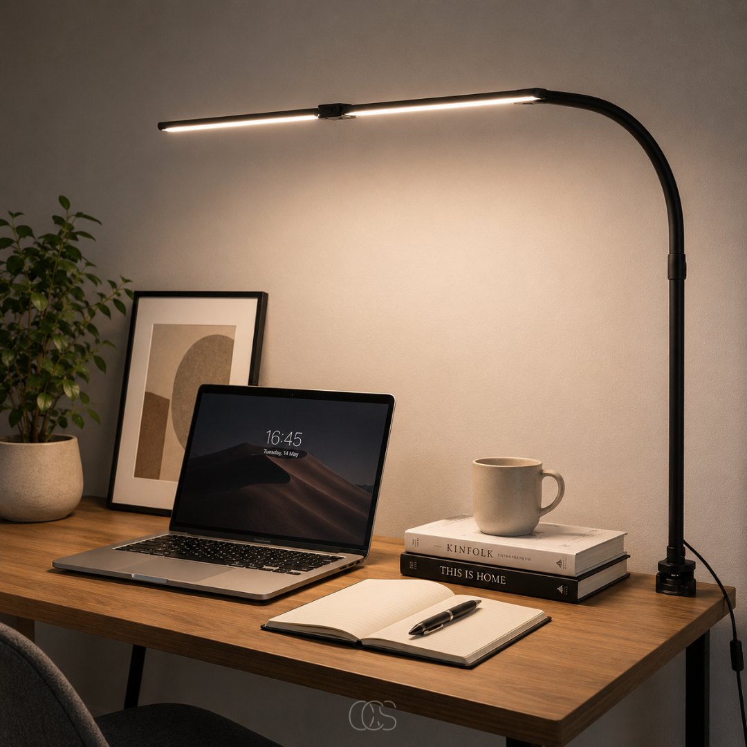 Black desk lamp another view with warm light over a laptop, open notebook, books and a mug on a wooden desk.