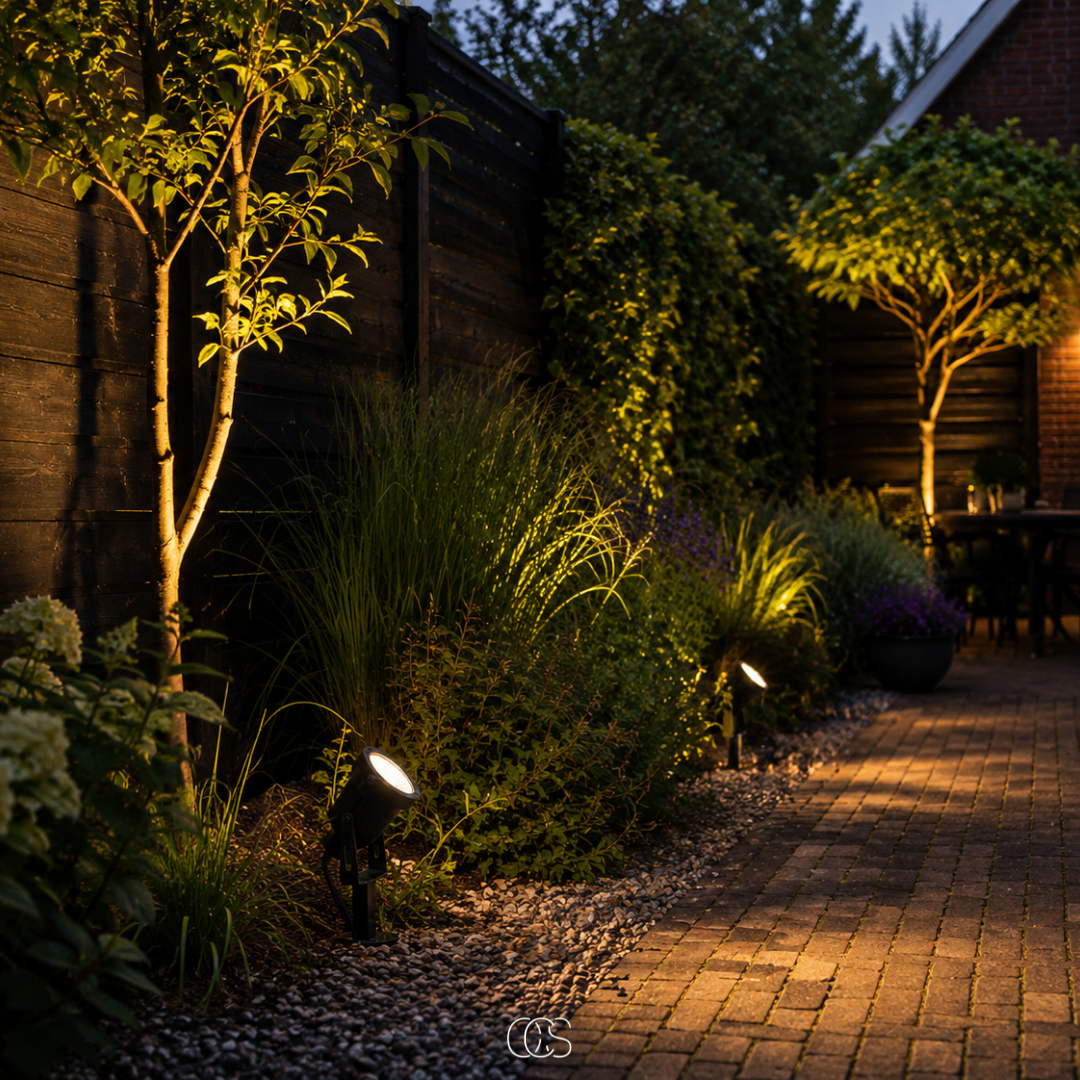 Several LED garden spotlights another view along a garden border beside a brick paved path.