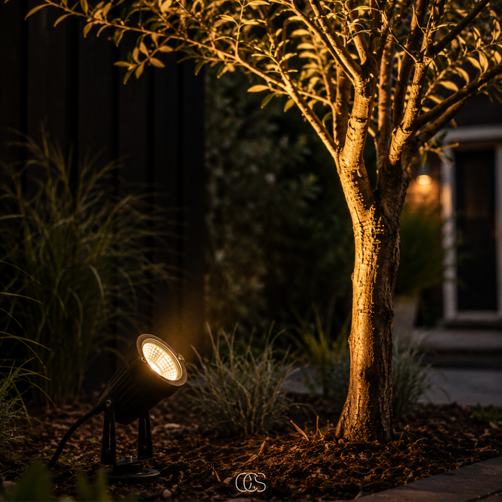 LED garden spotlight another view angled upward, lighting a tree trunk with a house entrance behind.