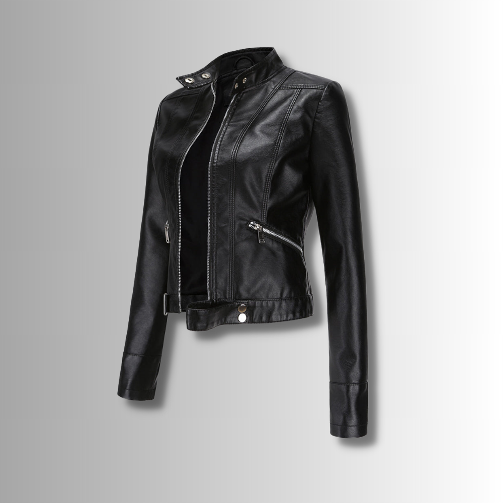 Black cropped jacket with stand collar, open zipper and angled pockets, shown at an angle on a gray gradient background. 1
