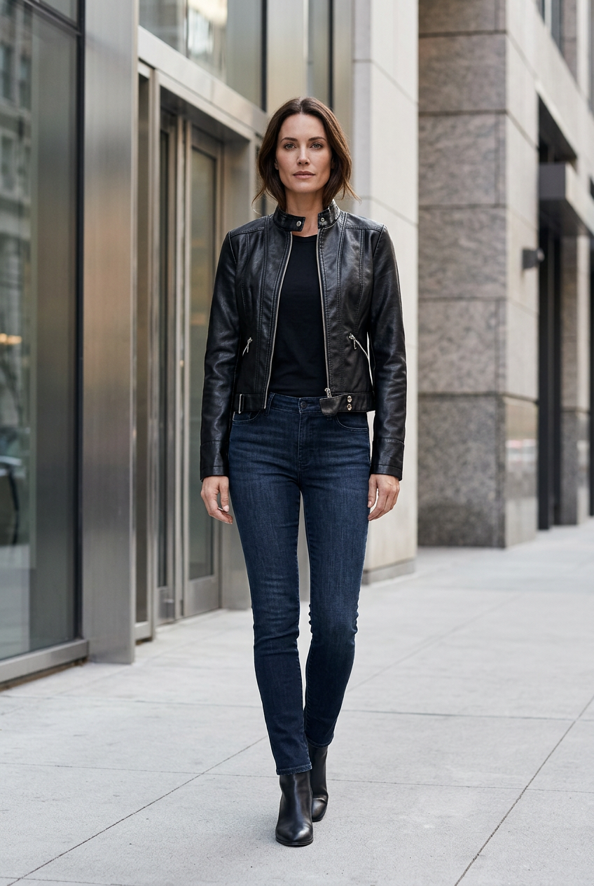 Woman walking on a city sidewalk in the black cropped jacket with dark jeans and ankle boots 1