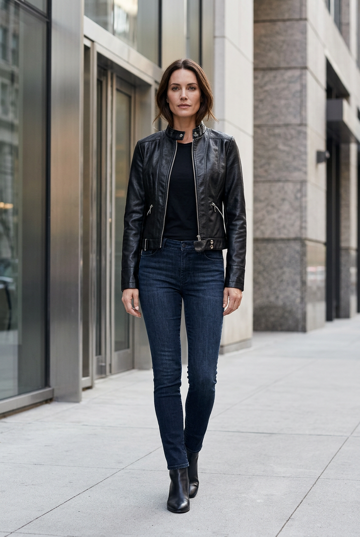 Woman walking on a city sidewalk in the black cropped jacket with dark jeans and ankle boots 1