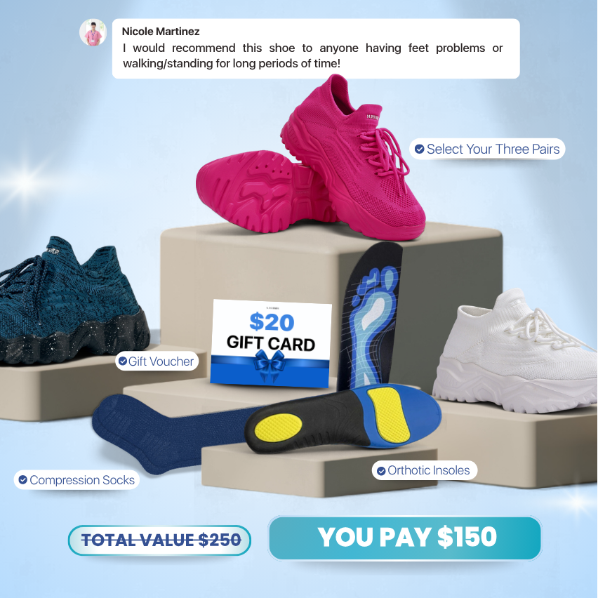 Bundle graphic showing black knit sneakers with orthotic insoles, compression socks and a gift card on stacked blocks.