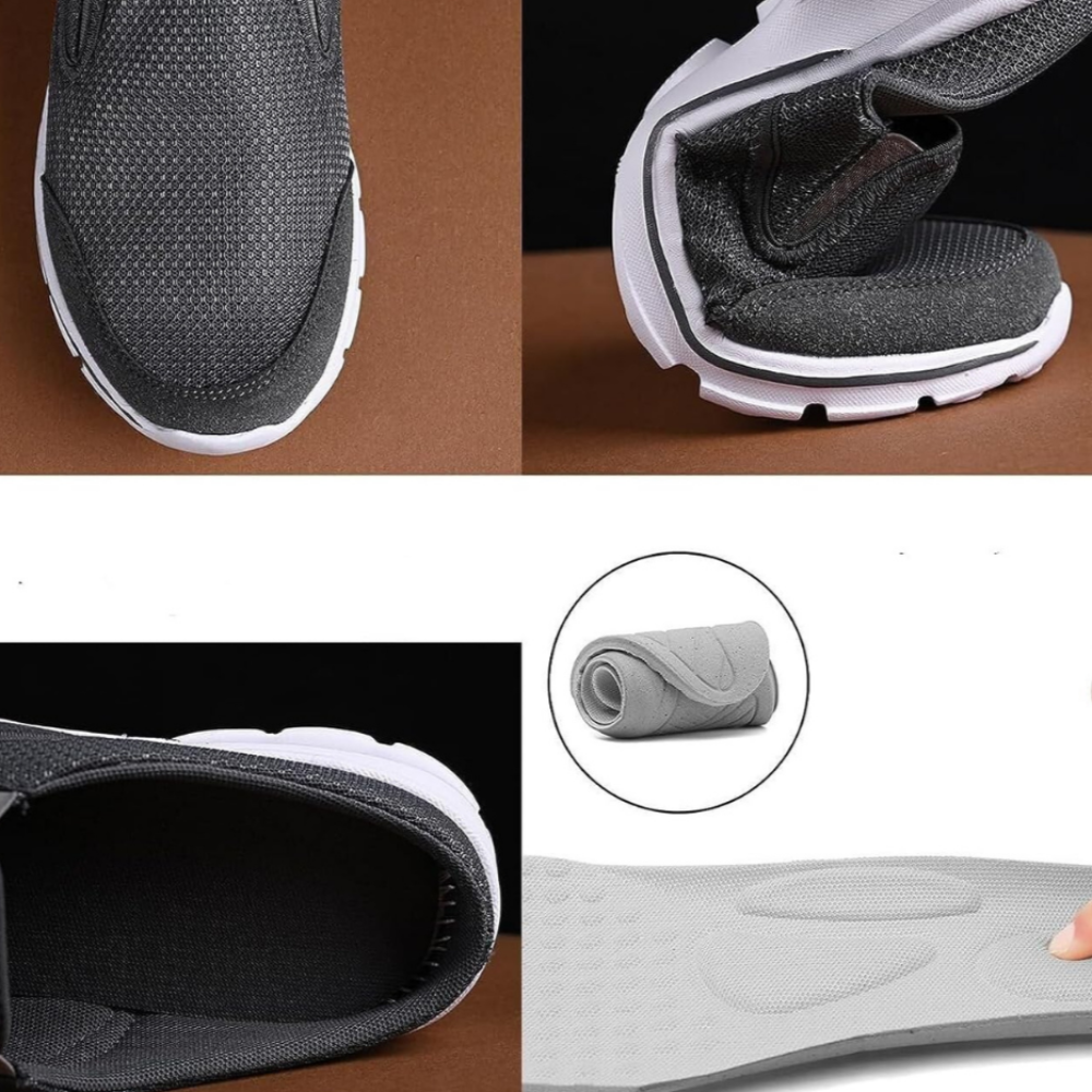 Orthofit 2.0 sport sandals in dark gray, detail collage of the toe box, sole, interior and cushioned insole.
